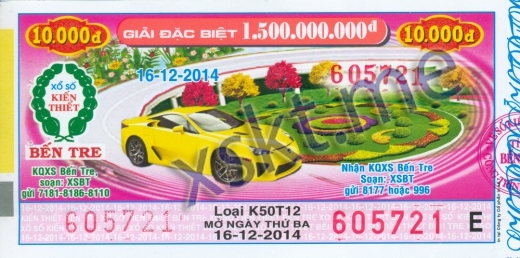 Mẫu vé sô xổ số Bến Tre ngày 16/12/2014