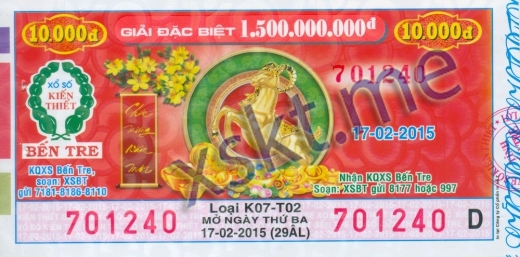 Mẫu vé sô xổ số Bến Tre ngày 17/2/2015