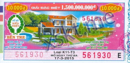 Mẫu vé sô xổ số Bến Tre ngày 17/3/2015