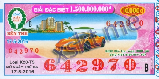 Mẫu vé sô xổ số Bến Tre ngày 17/5/2016