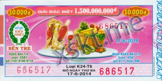 Mẫu vé sô xổ số Bến Tre ngày 17/6/2014