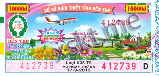 Mẫu vé sô xổ số Bến Tre ngày 17/9/2013