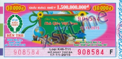 Mẫu vé sô xổ số Bến Tre ngày 17/11/2015