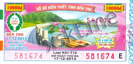 Mẫu vé sô xổ số Bến Tre ngày 17/12/2013