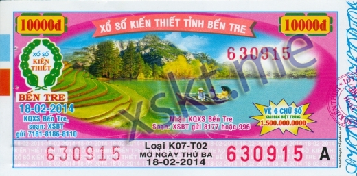 Mẫu vé sô xổ số Bến Tre ngày 18/2/2014