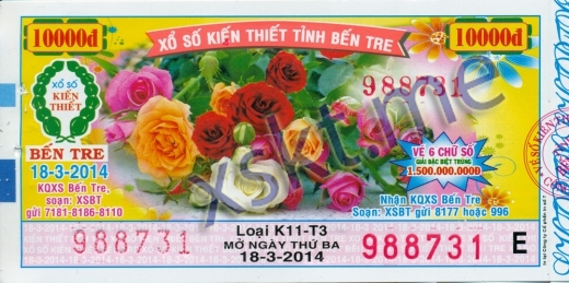 Mẫu vé sô xổ số Bến Tre ngày 18/3/2014