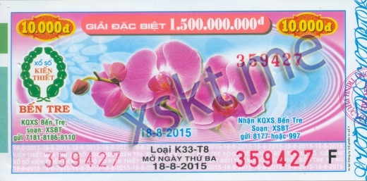 Mẫu vé sô xổ số Bến Tre ngày 18/8/2015