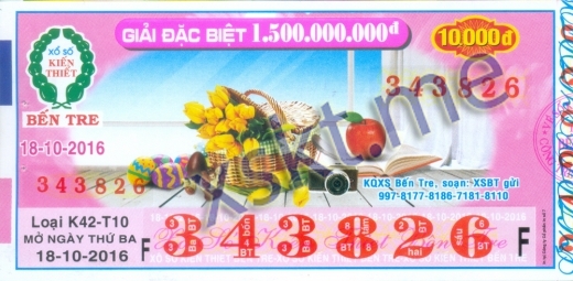 Mẫu vé sô xổ số Bến Tre ngày 18/10/2016