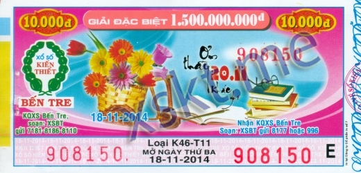 Mẫu vé sô xổ số Bến Tre ngày 18/11/2014