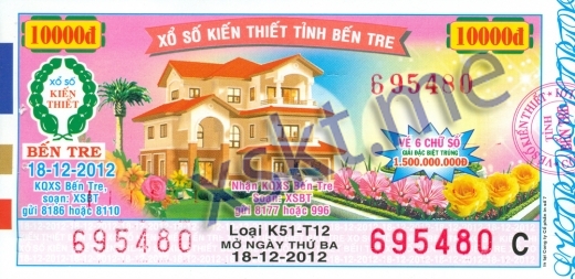 Mẫu vé sô xổ số Bến Tre ngày 18/12/2012