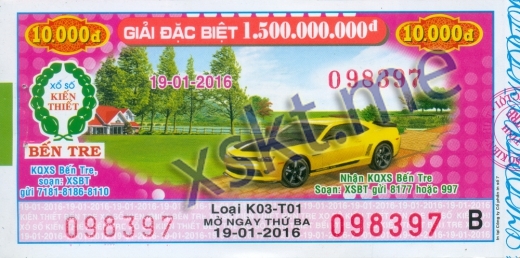 Mẫu vé sô xổ số Bến Tre ngày 19/1/2016