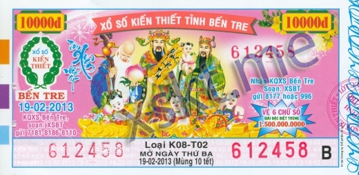 Mẫu vé sô xổ số Bến Tre ngày 19/2/2013