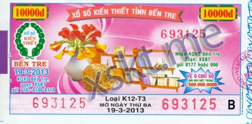 Mẫu vé sô xổ số Bến Tre ngày 19/3/2013