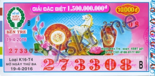 Mẫu vé sô xổ số Bến Tre ngày 19/4/2016