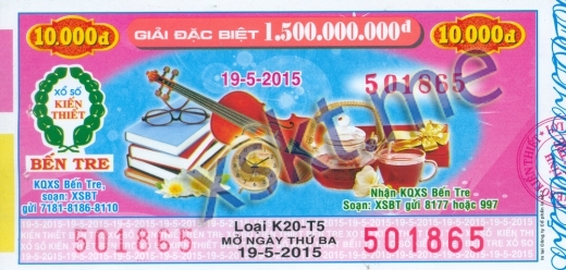 Mẫu vé sô xổ số Bến Tre ngày 19/5/2015