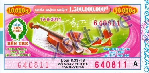 Mẫu vé sô xổ số Bến Tre ngày 19/8/2014
