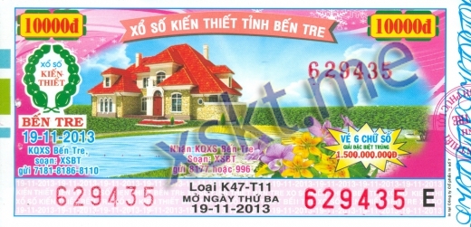 Mẫu vé sô xổ số Bến Tre ngày 19/11/2013