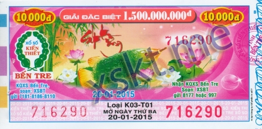 Mẫu vé sô xổ số Bến Tre ngày 20/1/2015
