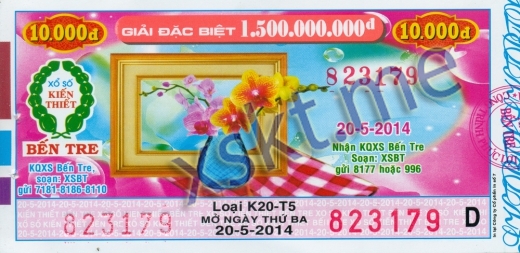 Mẫu vé sô xổ số Bến Tre ngày 20/5/2014