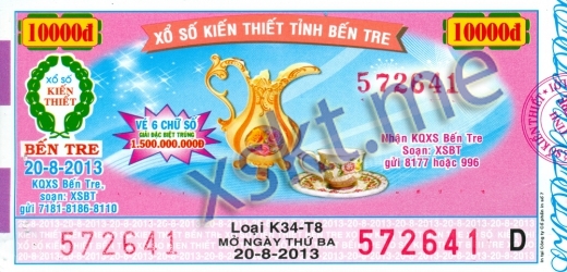Mẫu vé sô xổ số Bến Tre ngày 20/8/2013