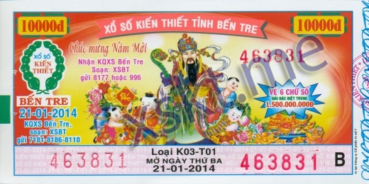 Mẫu vé sô xổ số Bến Tre ngày 21/1/2014