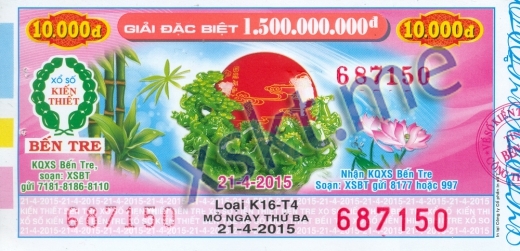 Mẫu vé sô xổ số Bến Tre ngày 21/4/2015