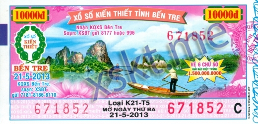 Mẫu vé sô xổ số Bến Tre ngày 21/5/2013