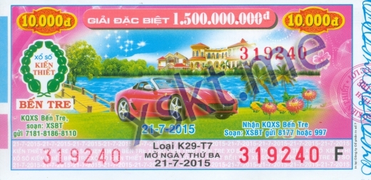 Mẫu vé sô xổ số Bến Tre ngày 21/7/2015