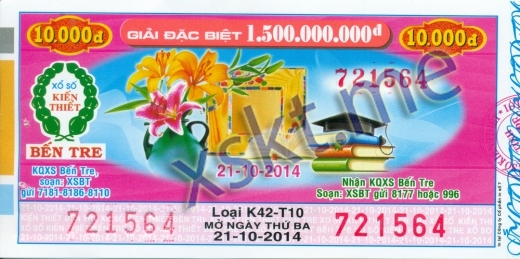 Mẫu vé sô xổ số Bến Tre ngày 21/10/2014