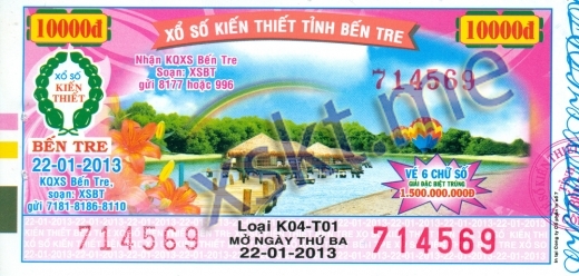 Mẫu vé sô xổ số Bến Tre ngày 22/1/2013
