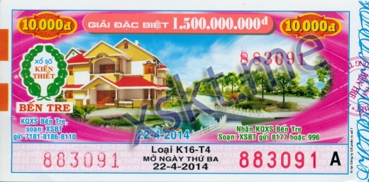 Mẫu vé sô xổ số Bến Tre ngày 22/4/2014