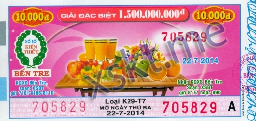 Mẫu vé sô xổ số Bến Tre ngày 22/7/2014