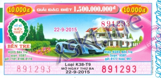 Mẫu vé sô xổ số Bến Tre ngày 22/9/2015