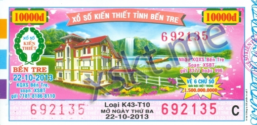 Mẫu vé sô xổ số Bến Tre ngày 22/10/2013