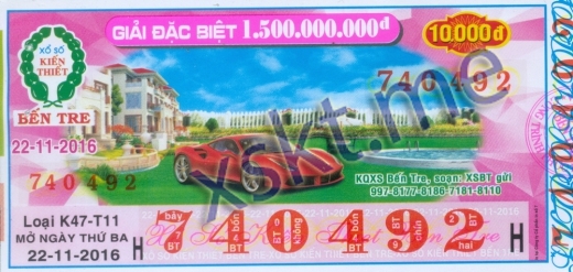 Mẫu vé sô xổ số Bến Tre ngày 22/11/2016