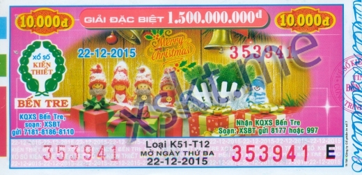 Mẫu vé sô xổ số Bến Tre ngày 22/12/2015
