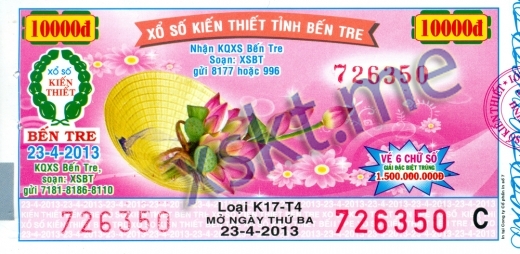 Mẫu vé sô xổ số Bến Tre ngày 23/4/2013