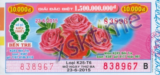 Mẫu vé sô xổ số Bến Tre ngày 23/6/2015