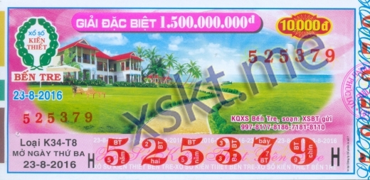 Mẫu vé sô xổ số Bến Tre ngày 23/8/2016