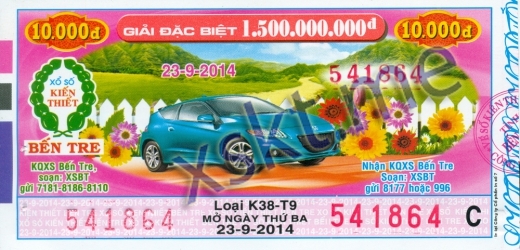 Mẫu vé sô xổ số Bến Tre ngày 23/9/2014