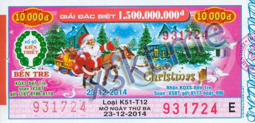 Mẫu vé sô xổ số Bến Tre ngày 23/12/2014