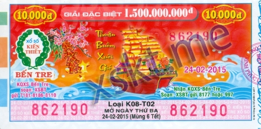 Mẫu vé sô xổ số Bến Tre ngày 24/2/2015