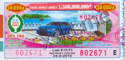 Mẫu vé sô xổ số Bến Tre ngày 24/3/2015