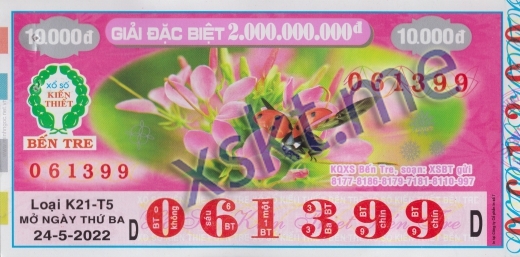 Mẫu vé sô xổ số Bến Tre ngày 24/5/2022