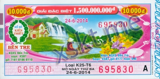 Mẫu vé sô xổ số Bến Tre ngày 24/6/2014