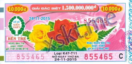 Mẫu vé sô xổ số Bến Tre ngày 24/11/2015