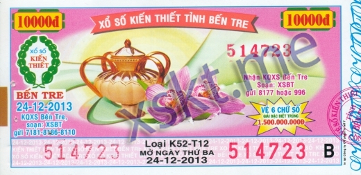 Mẫu vé sô xổ số Bến Tre ngày 24/12/2013