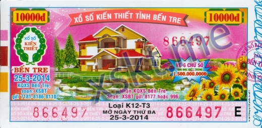 Mẫu vé sô xổ số Bến Tre ngày 25/3/2014
