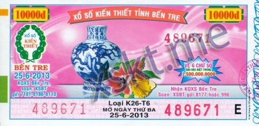 Mẫu vé sô xổ số Bến Tre ngày 25/6/2013