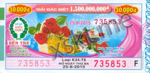 Mẫu vé sô xổ số Bến Tre ngày 25/8/2015